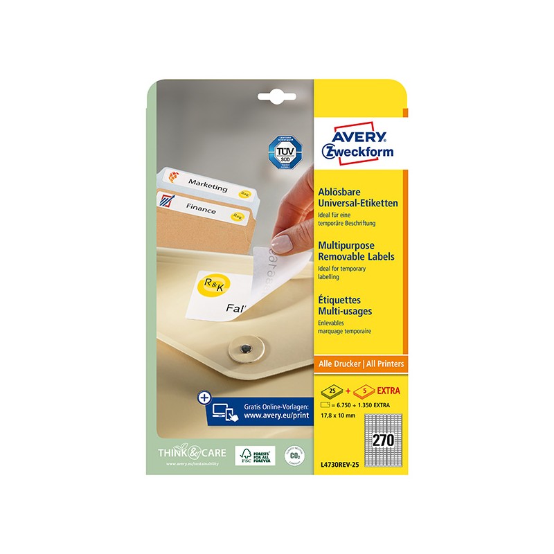 Avery Zweckform etikety 17.8mm x 10mm, A4, bílé, 270 etiket, snímatelné, baleno po 25 ks, L4730REV-25, pro laserové a