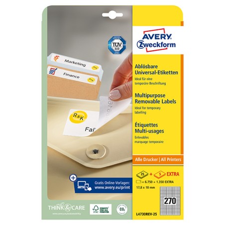 Avery Zweckform etikety 17.8mm x 10mm, A4, bílé, 270 etiket, snímatelné, baleno po 25 ks, L4730REV-25, pro laserové a