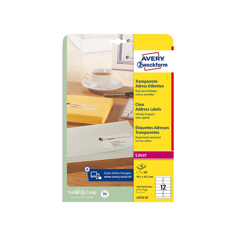 Avery Zweckform etikety 99.1mm x 42.3mm, průhledné, transparentní, 12 etiketa, adresní, baleno po 25 ks, L4772-25, pro laserové