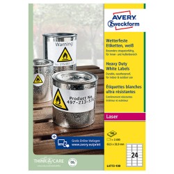 Avery Zweckform etikety 63.5mm x 33.9mm, A4, bílé, 24 etiket, velmi odolné, baleno po 100 ks, L4773-100, pro laserové tiskárny