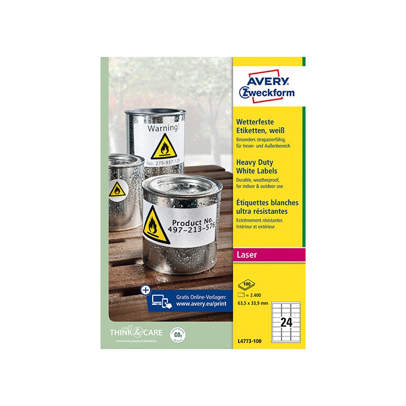 Avery Zweckform etikety 63.5mm x 33.9mm, A4, bílé, 24 etiket, velmi odolné, baleno po 100 ks, L4773-100, pro laserové tiskárny