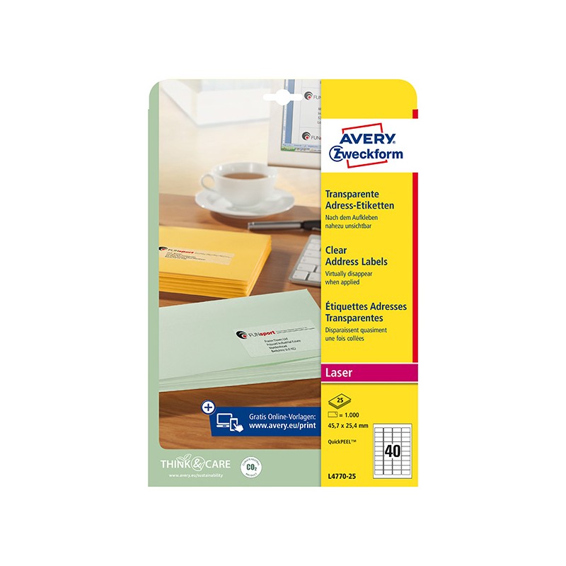 Avery Zweckform etikety 45.7mm x 25.4mm, A4, bílé, 40 etiket, adresní, baleno po 25 ks, L4770-25, pro laserové tiskárny