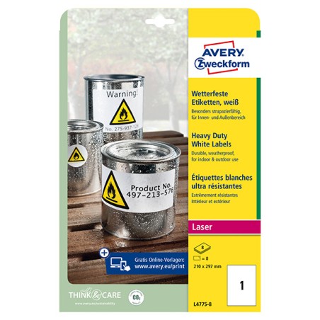 Avery Zweckform etikety 210mm x 297mm, A4, bílé, 1 etiketa, velmi odolné, baleno po 8 ks, L4775-8, pro laserové tiskárny a