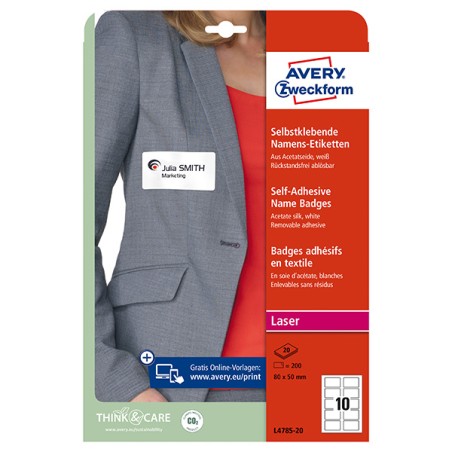 Avery Zweckform jmenovky 80mm x 50mm, A4, bílé, 10 etiket, samolepicí, baleno po 20 ks, L4785-20, pro laserové tiskárny