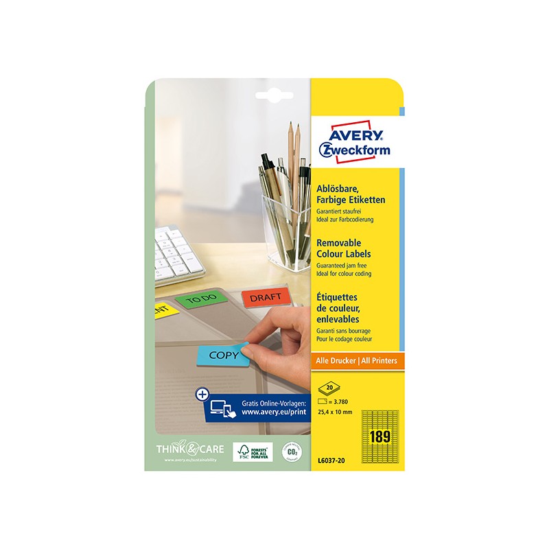 Avery Zweckform etikety 25.4mm x 10mm, A4, žluté, 189 etiket, mini, snímatelné, baleno po 20 ks, L6037-20, pro laserové a