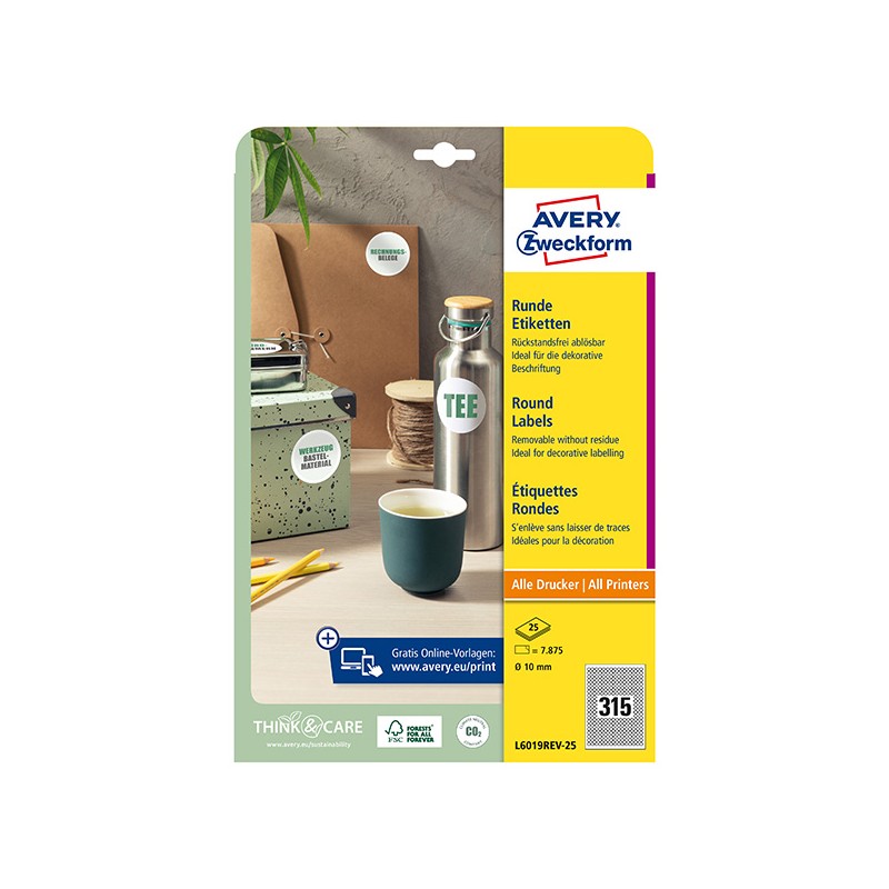 Avery Zweckform etikety 10mm, A4, bílé, 315 etiket, snímatelné, baleno po 25 ks, L6019REV-25, pro laserové a inkoustové