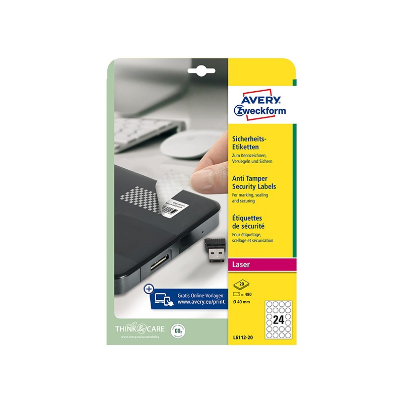 Avery Zweckform etikety 40mm, A4, matné, bílé, 480 etiket, s ochranou proti manipulaci, baleno po 20 ks, L6112-20, pro laserové