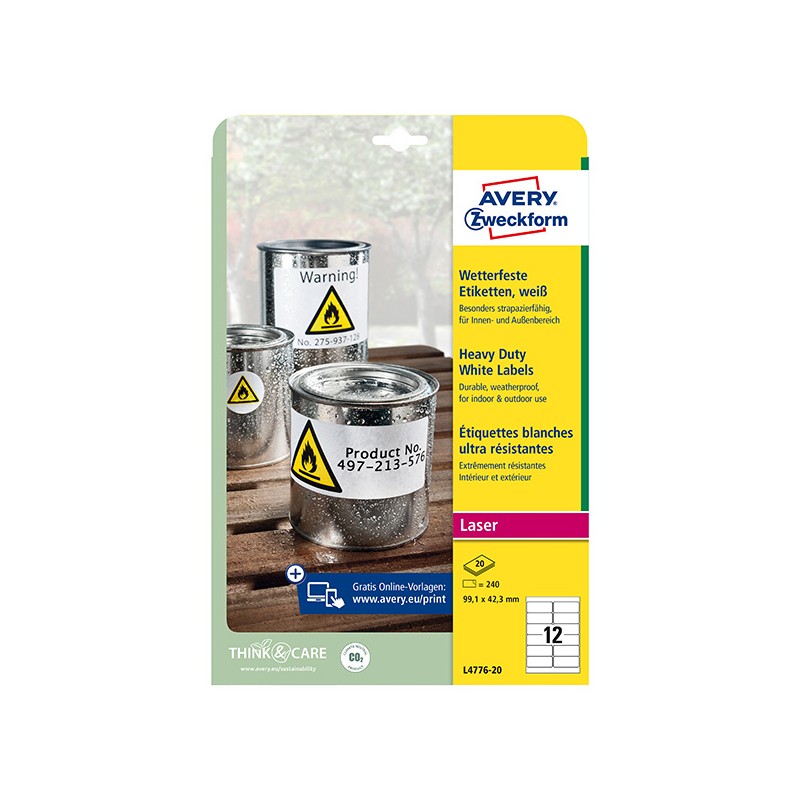 Avery Zweckform etikety 99.1mm x 42.3mm, A4, matné, bílé, 12 etiket, velmi odolné, baleno po 20 ks, L4776-20, pro laserové