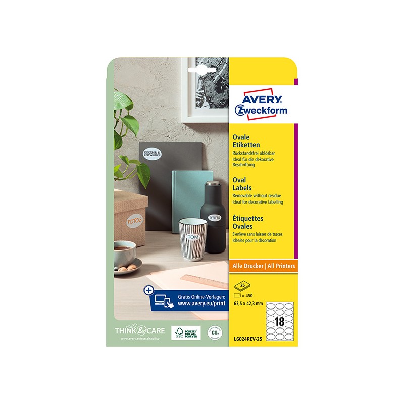 Avery Zweckform etikety 63.5mm x 42.3mm, A4, bílé, 18 etiket, snímatelné, baleno po 25 ks, L6024REV-25, pro laserové a