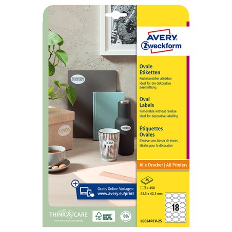 Avery Zweckform etikety 63.5mm x 42.3mm, A4, bílé, 18 etiket, snímatelné, baleno po 25 ks, L6024REV-25, pro laserové a