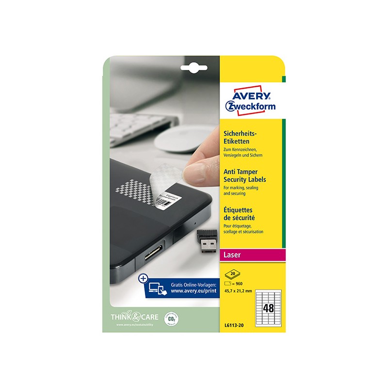 Avery Zweckform etikety 45.7mm x 21.2mm, A4, matné, bílé, 960 etiket, s ochranou proti manipulaci, baleno po 20 ks, L6113-20