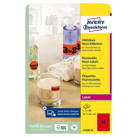 Avery Zweckform etikety 99.1mm x 38.1mm, A4, neon červené, 14 etiket, baleno po 25 ks, L7263R-25, pro laserové tiskárny a
