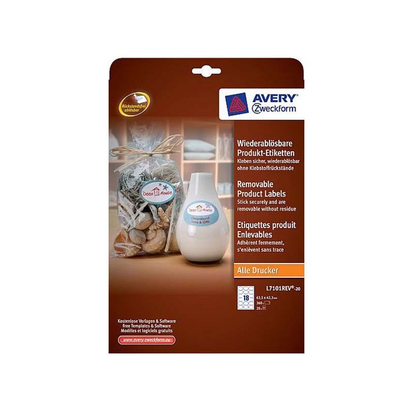 Avery Zweckform etikety 63.5mm x 42.3mm, A4, bílé, 18 etiket, snímatelné, baleno po 20 ks, L7101REV-20, pro laserové a