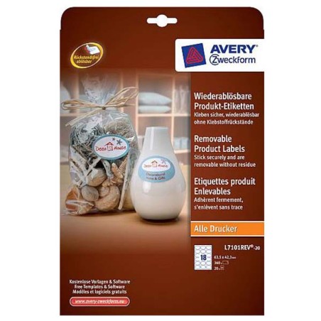 Avery Zweckform etikety 63.5mm x 42.3mm, A4, bílé, 18 etiket, snímatelné, baleno po 20 ks, L7101REV-20, pro laserové a