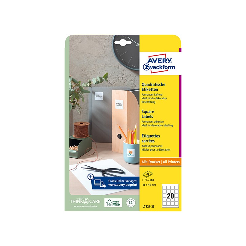 Avery Zweckform etikety 45mm x 45mm, A4, bílé, 20 etiket, pro umístění QR kódů, baleno po 25 ks, L7121-25, pro laserové a