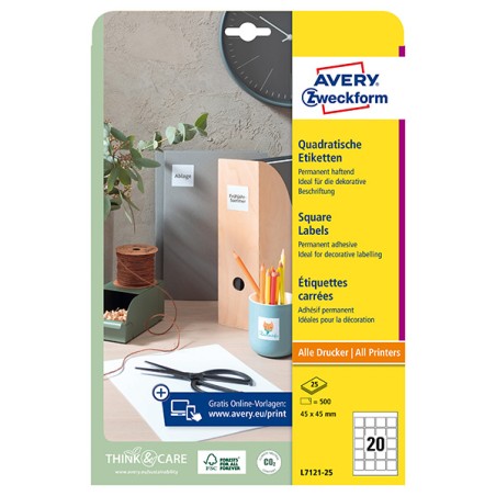 Avery Zweckform etikety 45mm x 45mm, A4, bílé, 20 etiket, pro umístění QR kódů, baleno po 25 ks, L7121-25, pro laserové a
