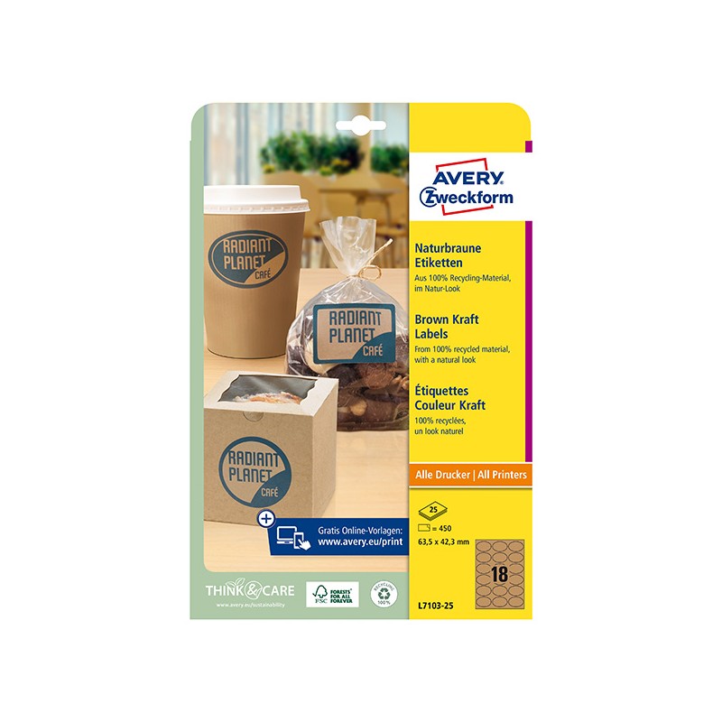 Avery Zweckform etikety 63.5mm x 42.3mm, A4, přírodně hnědé, 18 etiket, baleno po 25 ks, L7103-25, pro laserové a inkoustové