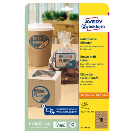 Avery Zweckform etikety 63.5mm x 42.3mm, A4, přírodně hnědé, 18 etiket, baleno po 25 ks, L7103-25, pro laserové a inkoustové
