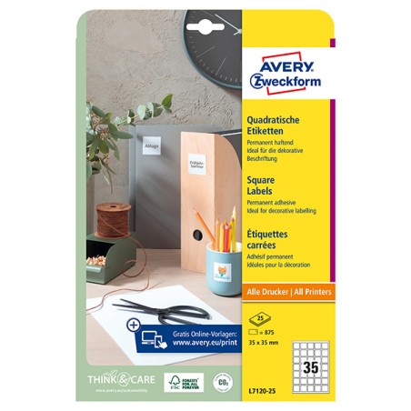 Avery Zweckform etikety 35mm x 35mm, A4, bílé, 35 etiket, pro umístění QR kódů, baleno po 25 ks, L7120-25, pro laserové a
