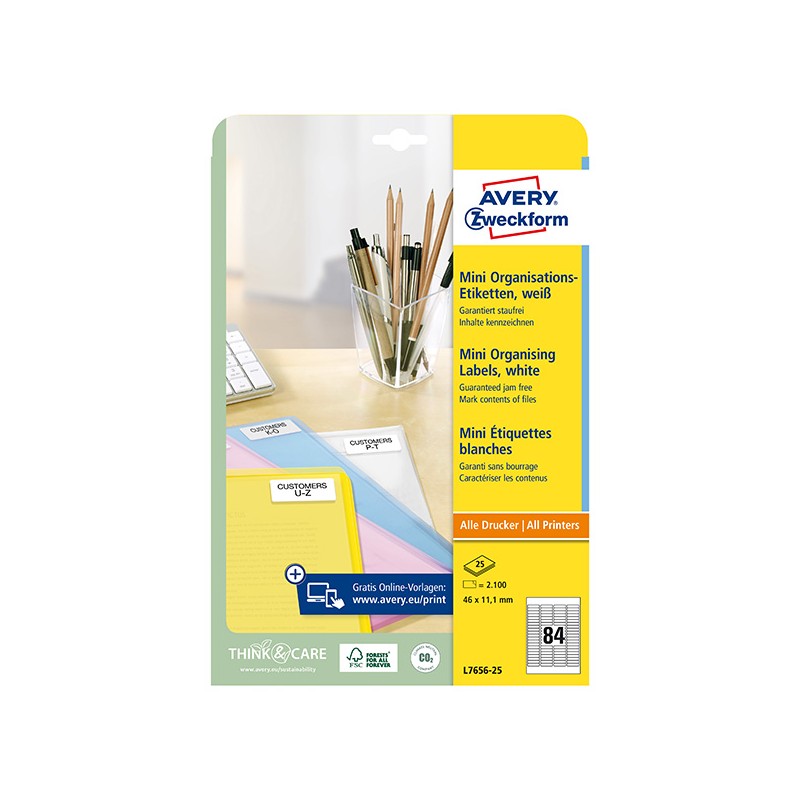 Avery Zweckform etikety 46mm x 11.1mm, A4, bílé, 84 etiket, na složky, mini, baleno po 25 ks, L7656-25, pro laserové a