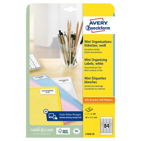 Avery Zweckform etikety 46mm x 11.1mm, A4, bílé, 84 etiket, na složky, mini, baleno po 25 ks, L7656-25, pro laserové a