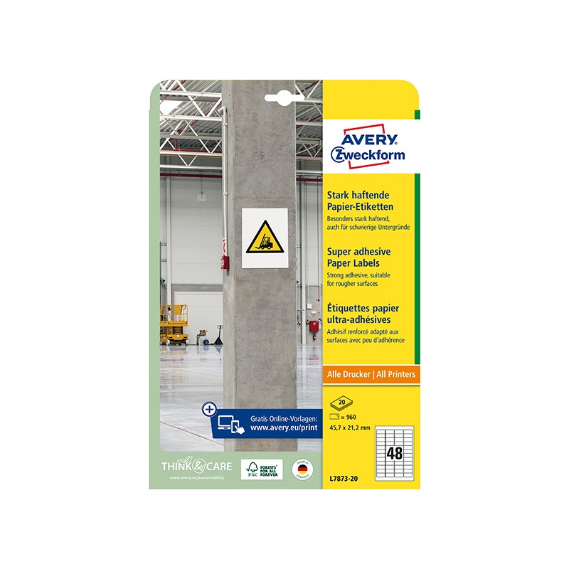 Avery Zweckform etikety 45.7mm x 21.2mm, A4, bílé, 48 etiket, s vysokou lepivostí, baleno po 20 ks, L7873-20, pro laserové a
