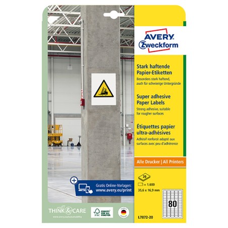 Avery Zweckform etikety 35.6mm x 16.9mm, A4, bílé, 80 etiket, s vysokou lepivostí, baleno po 20 ks, L7872-20, pro laserové a