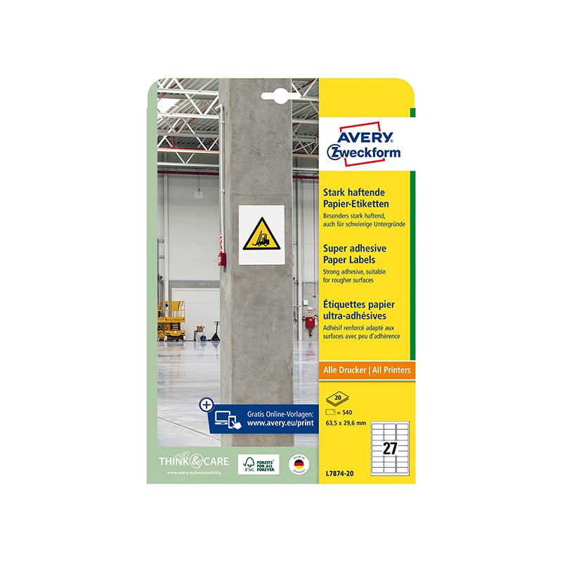 Avery Zweckform etikety 63.5mm x 29.6mm, A4, bílé, 27 etiket, s vysokou lepivostí, baleno po 20 ks, L7874-20, pro laserové a
