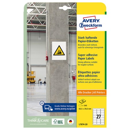 Avery Zweckform etikety 63.5mm x 29.6mm, A4, bílé, 27 etiket, s vysokou lepivostí, baleno po 20 ks, L7874-20, pro laserové a