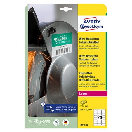 Avery Zweckform etikety 63.5mm x 33.9mm, A4, matné, bílé, 24 etiket, velmi odolné, baleno po 10 ks, L7912-10, pro laserové