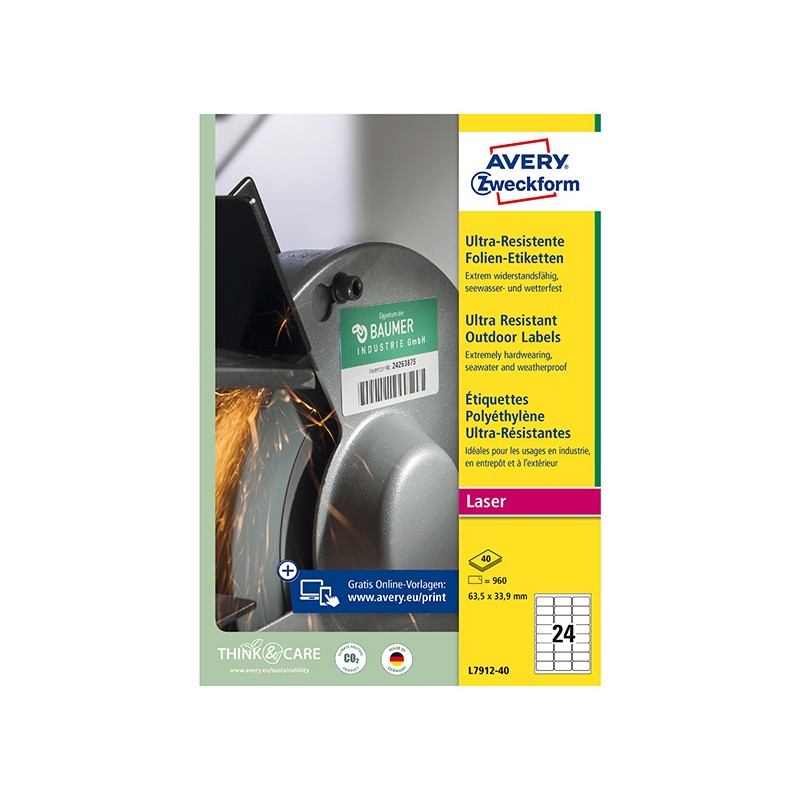 Avery Zweckform etikety 63.5mm x 33.9mm, A4, matné, bílé, 24 etiket, velmi odolné, baleno po 40 ks, L7912-40, pro laserové