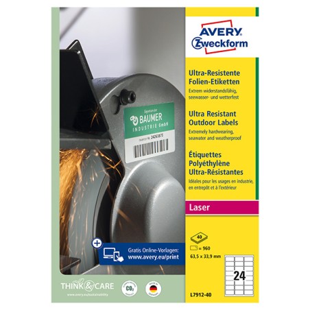 Avery Zweckform etikety 63.5mm x 33.9mm, A4, matné, bílé, 24 etiket, velmi odolné, baleno po 40 ks, L7912-40, pro laserové