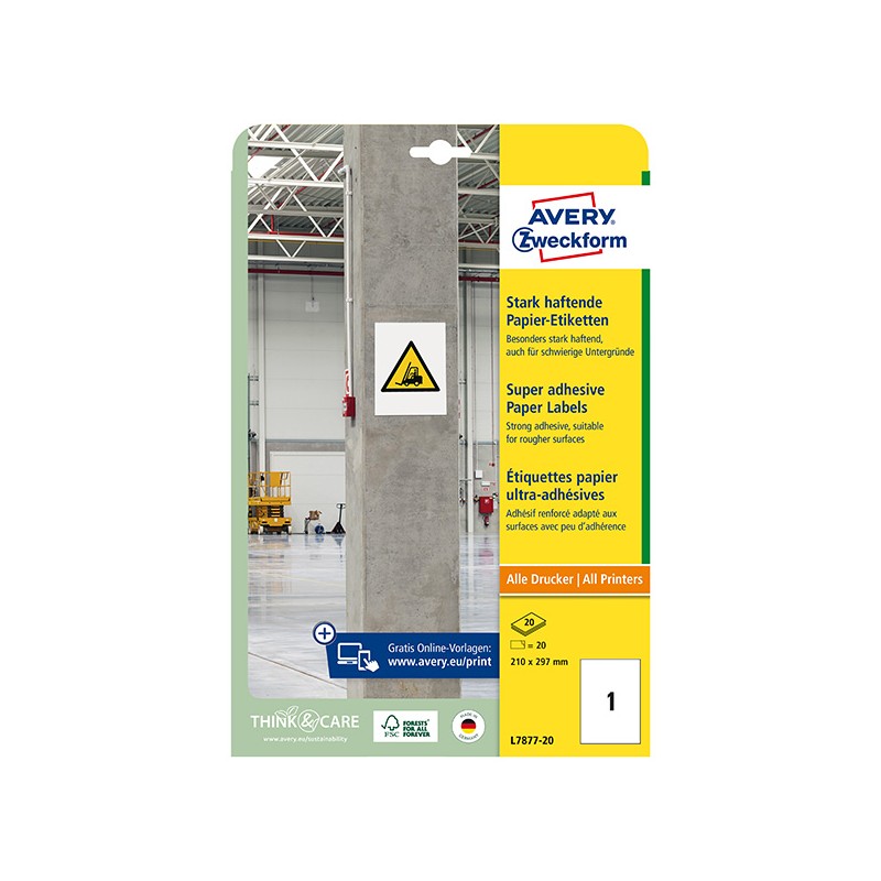 Avery Zweckform etikety 210mm x 297mm, A4, bílé, 1 etiketa, s vysokou lepivostí, baleno po 20 ks, L7877-20, pro laserové a