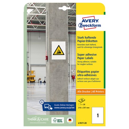 Avery Zweckform etikety 210mm x 297mm, A4, bílé, 1 etiketa, s vysokou lepivostí, baleno po 20 ks, L7877-20, pro laserové a