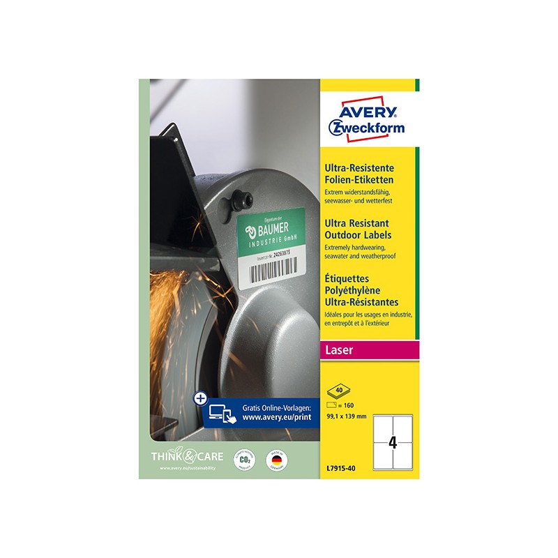 Avery Zweckform etikety 99.1mm x 139mm, A4, bílé, 4 etikety, velmi odolné, baleno po 40 ks, L7915-40, pro laserové tiskárny a