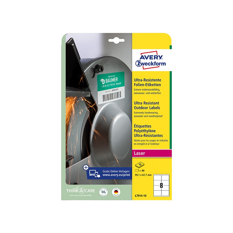 Avery Zweckform etikety 99.1mm x 67.7mm, A4, bílé, 8 etiket, velmi odolné, baleno po 10 ks, L7914-10, pro laserové tiskárny a