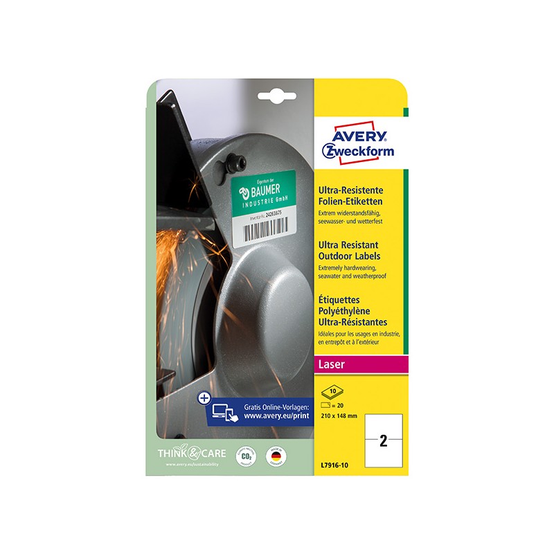 Avery Zweckform etikety 210mm x 148mm, A4, bílé, 2 etikety, velmi odolné, baleno po 10 ks, L7916-10, pro laserové tiskárny a