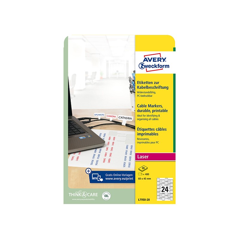 Avery Zweckform etikety 60mm x 40mm, A4, bílé, 24 etiket, na kabely, baleno po 20 ks, L7950-20, pro laserové tiskárny a kopírky