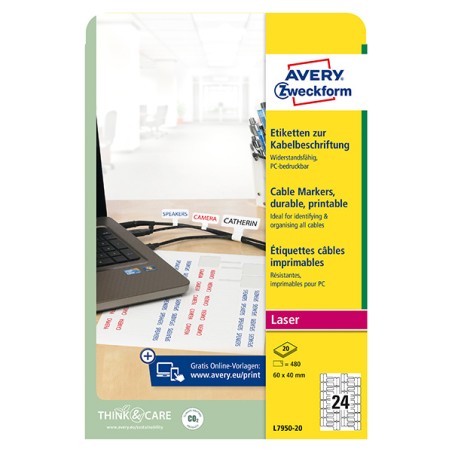 Avery Zweckform etikety 60mm x 40mm, A4, bílé, 24 etiket, na kabely, baleno po 20 ks, L7950-20, pro laserové tiskárny a kopírky
