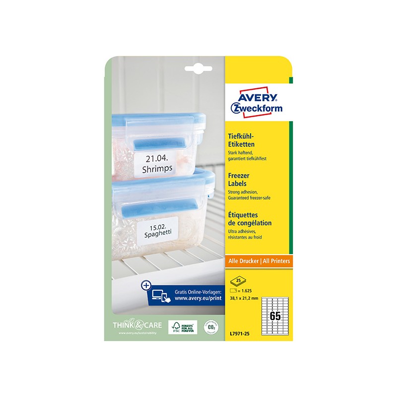 Avery Zweckform etikety 38.1mm x 21.2mm, A4, bílé, 65 etiket, do mrazících boxů, baleno po 25 ks, L7971-25, pro laserové a