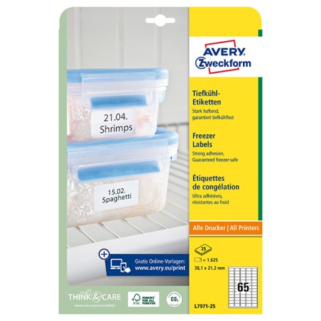 Avery Zweckform etikety 38.1mm x 21.2mm, A4, bílé, 65 etiket, do mrazících boxů, baleno po 25 ks, L7971-25, pro laserové a