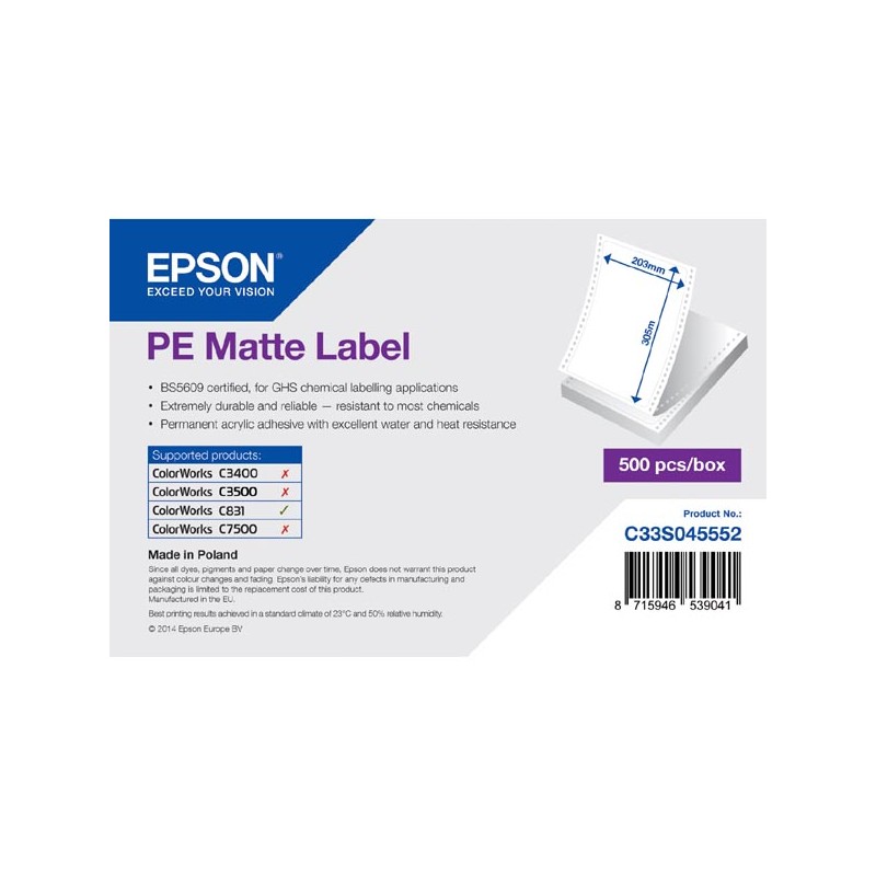 Epson etikety 203mm x 305mm, bílé, baleno po 500 ks, C33S045552, pro inkoustové tiskárny