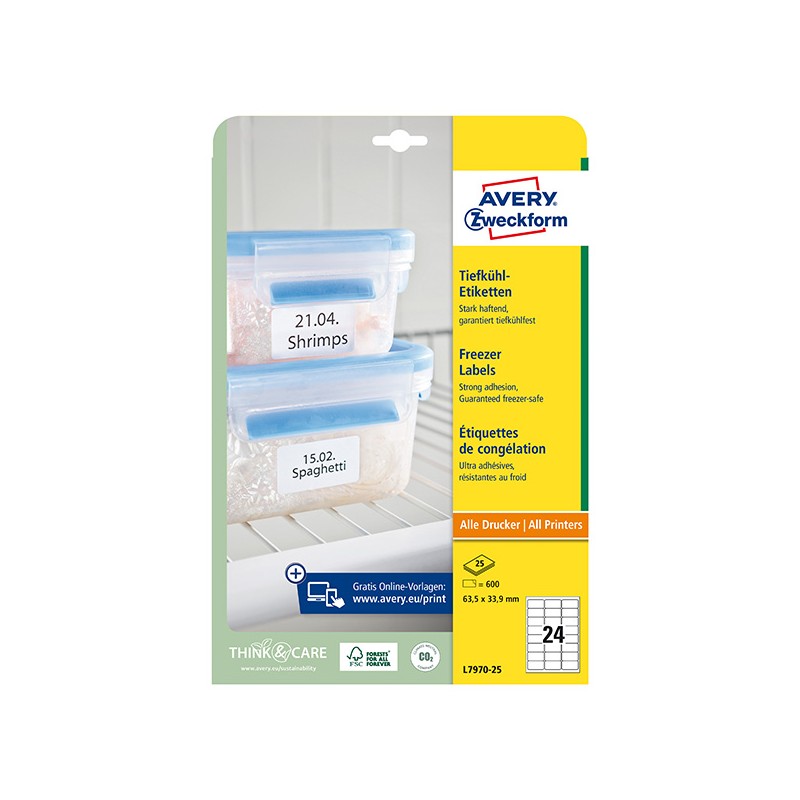 Avery Zweckform etikety 63.5mm x 33.9mm, A4, bílé, 24 etiket, do mrazících boxů, baleno po 25 ks, L7970-25, pro laserové a