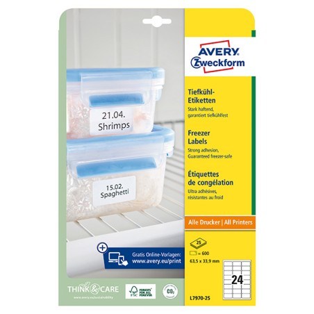 Avery Zweckform etikety 63.5mm x 33.9mm, A4, bílé, 24 etiket, do mrazících boxů, baleno po 25 ks, L7970-25, pro laserové a