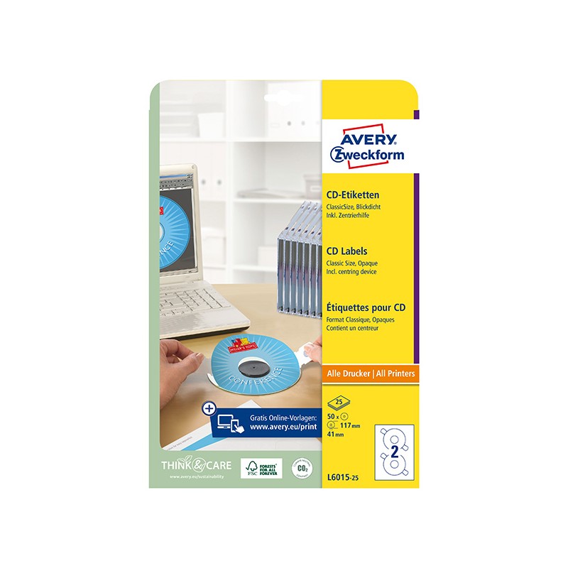 Avery Zweckform etikety na CD 117/41mm, A4, matné, bílé, 2 etikety, baleno po 25 ks, L6015-25, pro laserové a inkoustové