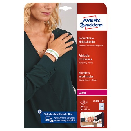 Avery Zweckform potisknutelné identifikační náramky 265/18mm, A4, bílé, 10 náramků, 160g/m2, baleno po 10 ks, L4000-10, pro