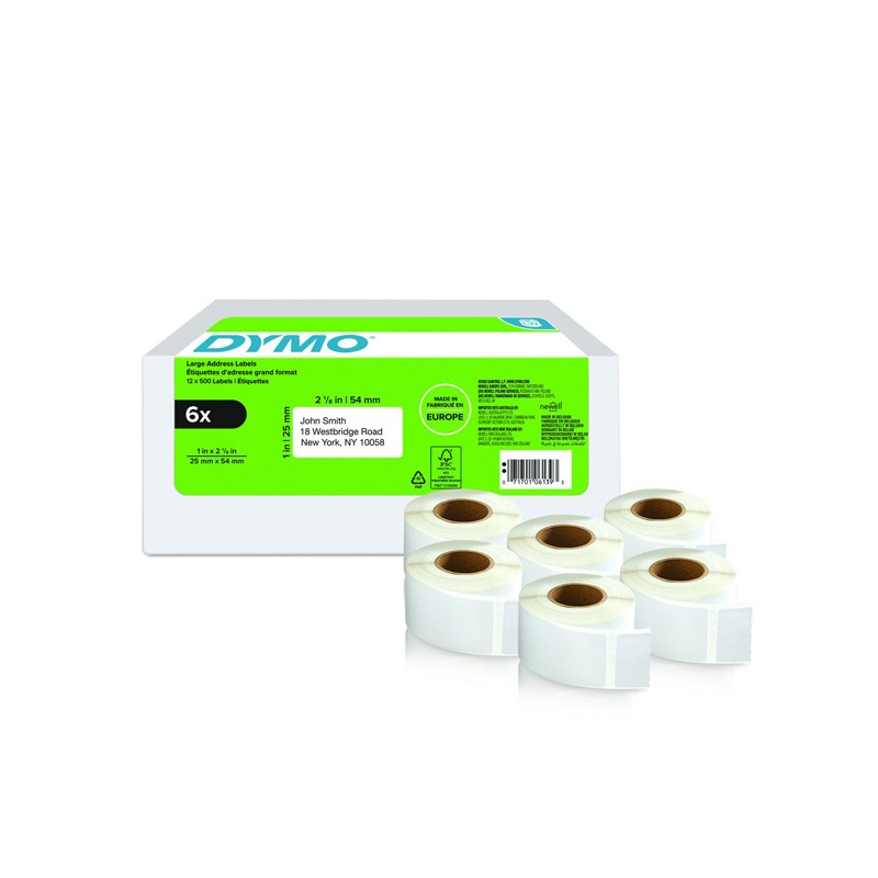 Dymo papírové štítky 54mm x 25mm, bílé, pro zpáteční adresu, 6 x 500 ks, 2177564
