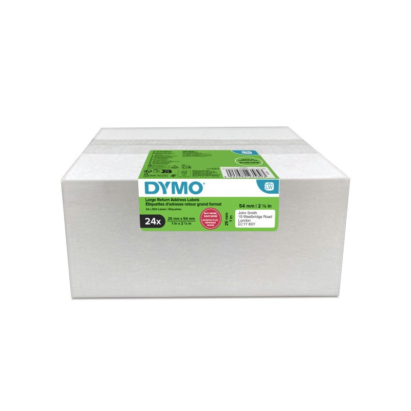 Dymo papírové štítky 54mm x 25mm, bílé, pro zpáteční adresu, 24 x 500 ks, 2223589, 24 rolí v balení, cena za balení