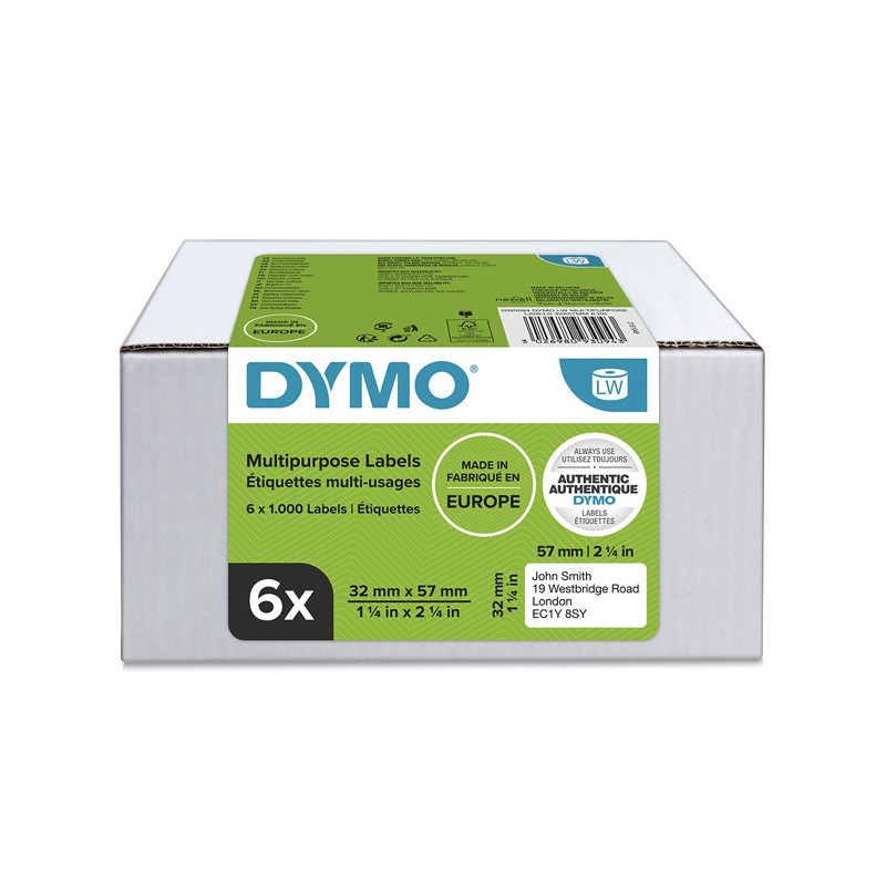 Dymo papírové štítky 57mm x 32mm, bílé, multifunkční, snímatelné, 6 x 1000 ks, 2093094, 6 rolí v balení, cena za balení