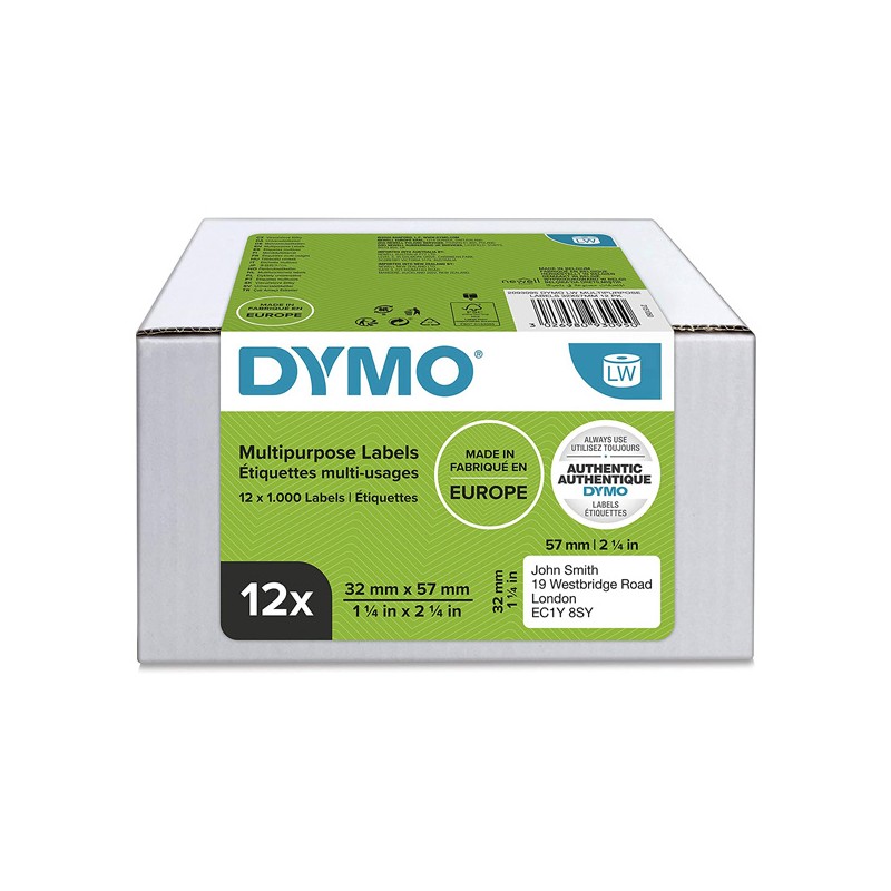 Dymo papírové štítky 57mm x 32mm, bílé, multifunkční, snímatelné, 12 x 1000 ks, 2093095, 12 rolí v balení, cena za balení